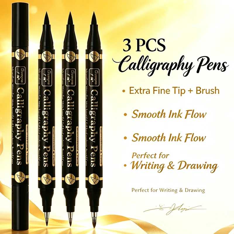 GuangNa 3 Pcs/set Dual pen tip Calligraphy Pen Set for Drawing & Hand Lettering Black Ink Brush Markers for Art Sketching