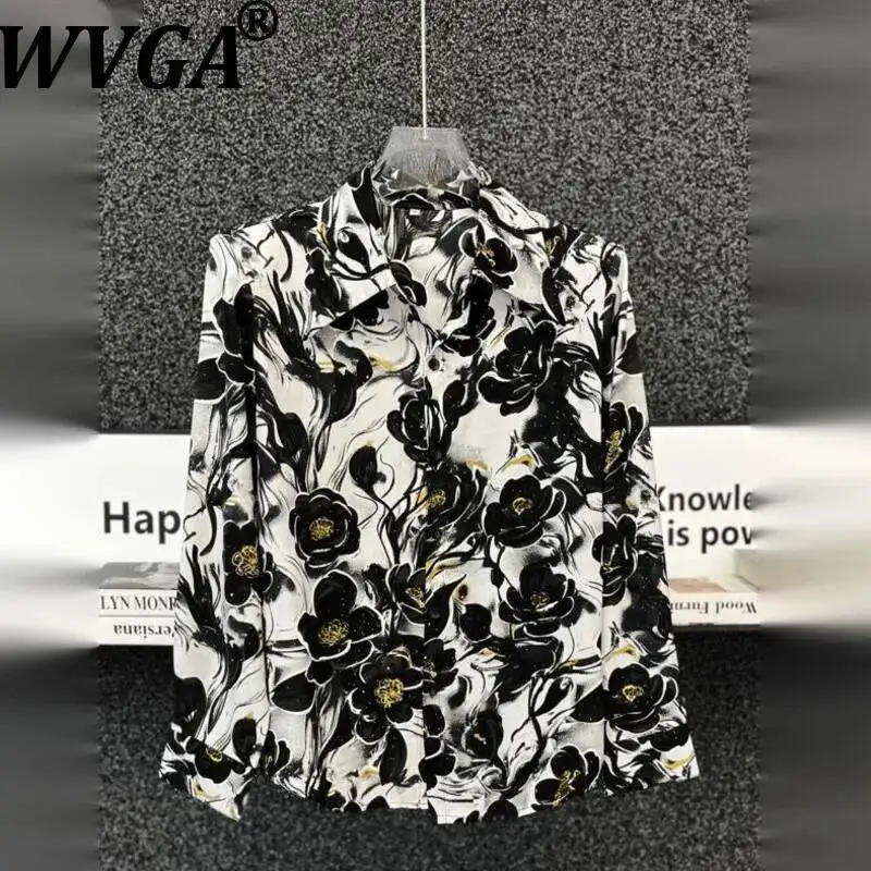 

WVGA Summer Men New High-end Design Ink-print Long-sleeve Shirt Korean Style Niche Chic Loose Floral Wrinkle-free Top Ins W24056