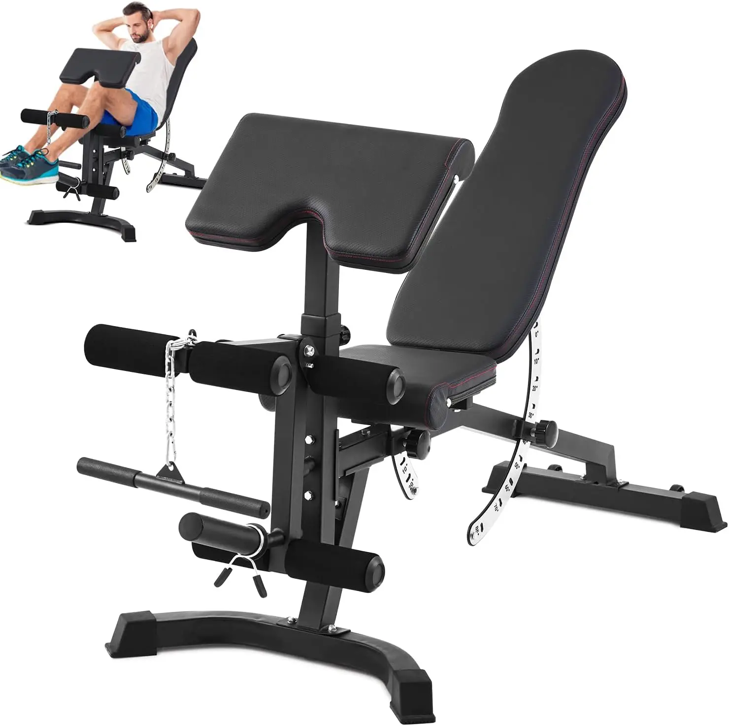 Banco de pesas ajustable con almohadilla de predicador, extensión de piernas y rizo de piernas, banco de entrenamiento de 800 libras con barra de mango, banco FID para fuerza