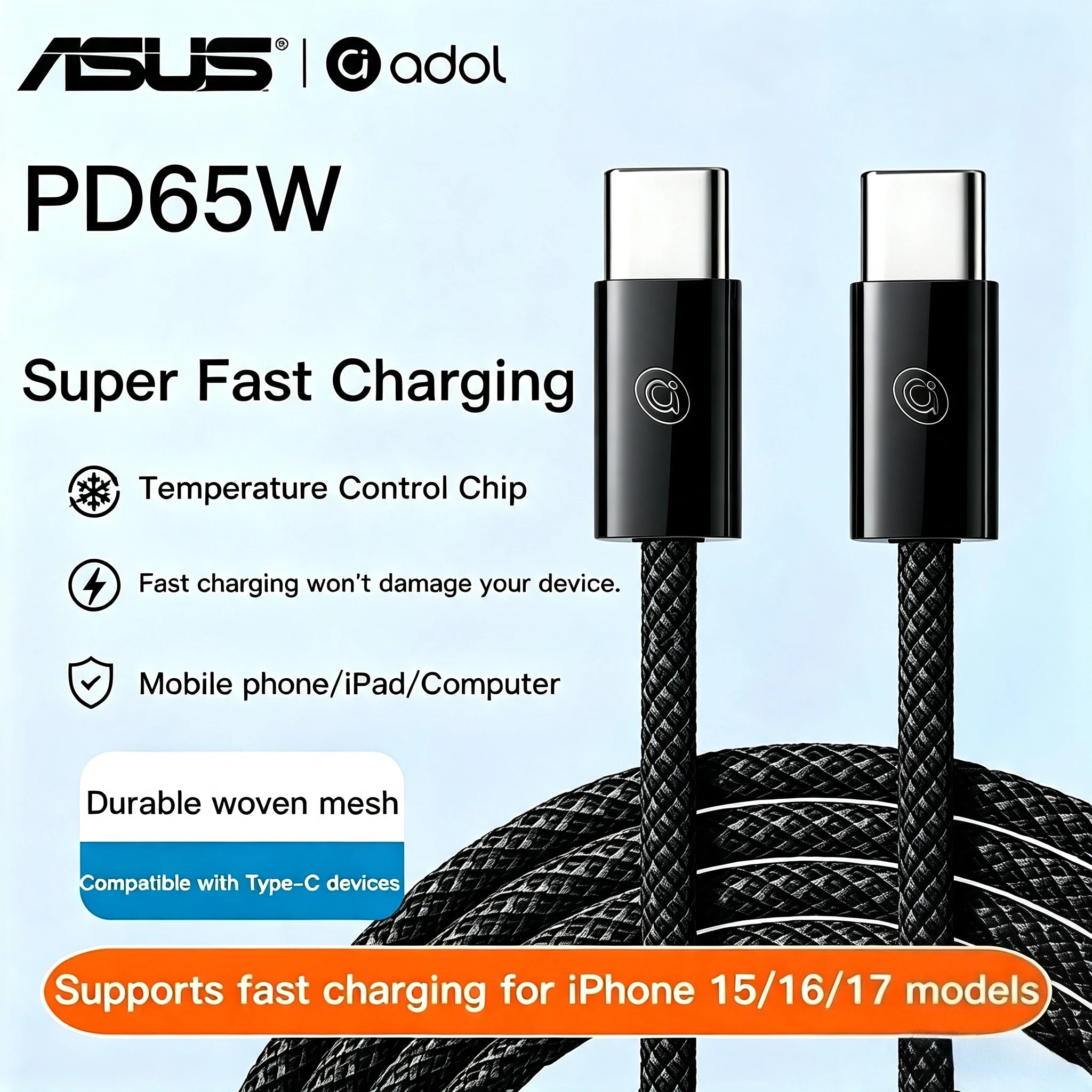 ASUS 65W PD USB-C to USB C Fast Charger Cable For 17ProMax/17Pro/17/16ProMax/16Pro/16/15ProMax/15Pro/15、Samsung and Android