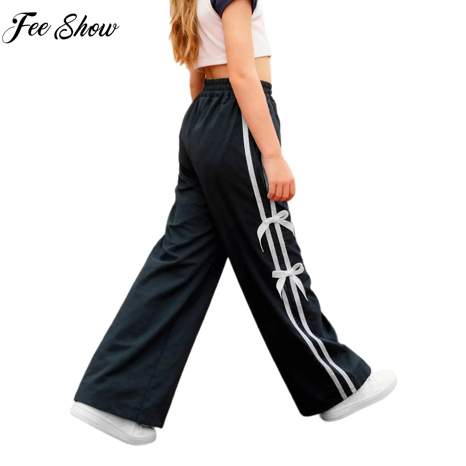 

Kids Girl Quick-drying Breathable Sports Pants Trousers Bowknots Contrasting Stripes Sweatpants Workout Exercise Running Clothes