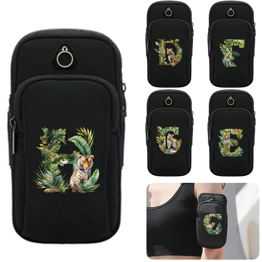 Universal Armband Sport Phone Case Outdoor Sports with Headphone Jack Mobile Storage Bag Jungle Tiger Letter Pattern Series