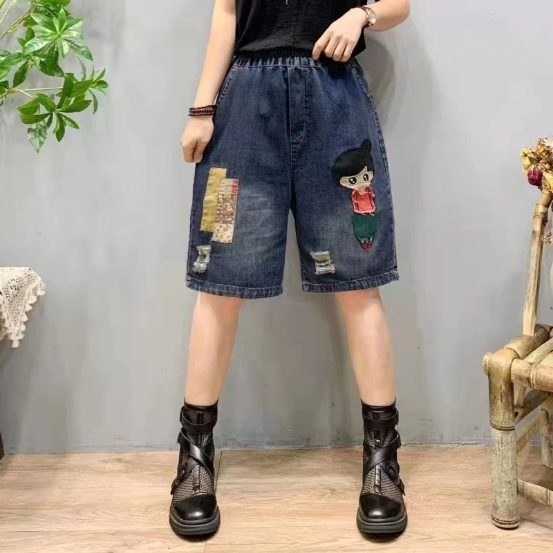 

Vintage Cartoon Patch Embroidered Denim Shorts, Summer Thin High Waist Slim Fit Ripped, 5-Point Straight Leg Trendy Mid Pants