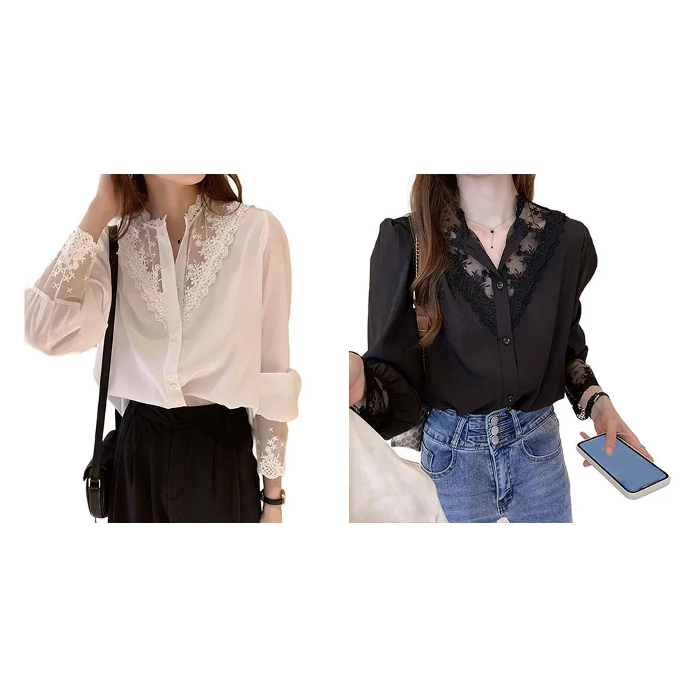 Solid Loose Fit Long Sleeve Lace Chiffon Patchwork Shirt Tops for Women Suitable for Transitional Weather Dressing
