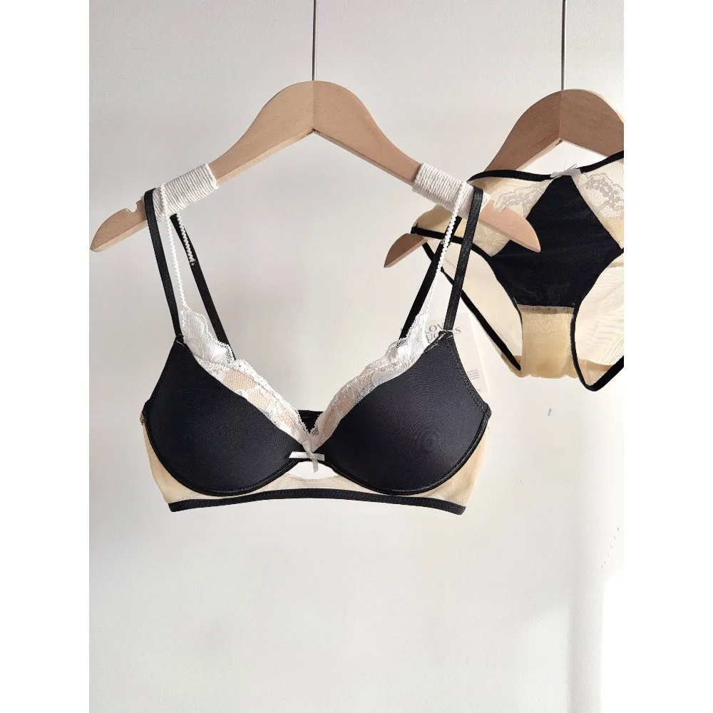 Women Sexy Deep V Lace Bra Set French Style Breathable Lift Push Up Bra Small Bust Augmentation Black Lingerie Underwear 32‑38AB