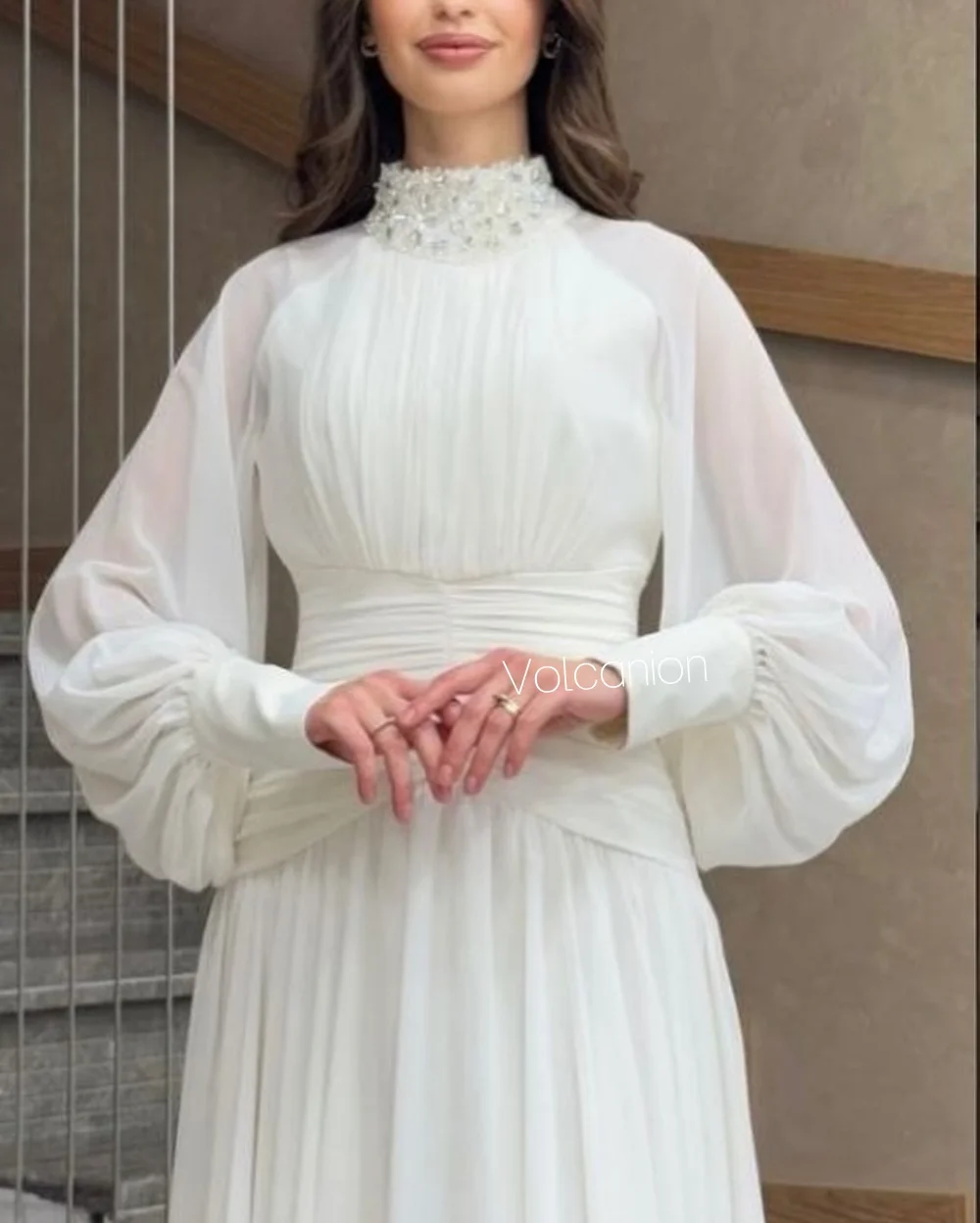 Customized Chiffon Draped Rhinestone A-line High Collar Midi Dresses Bespoke Occasion Prom Casual Simple