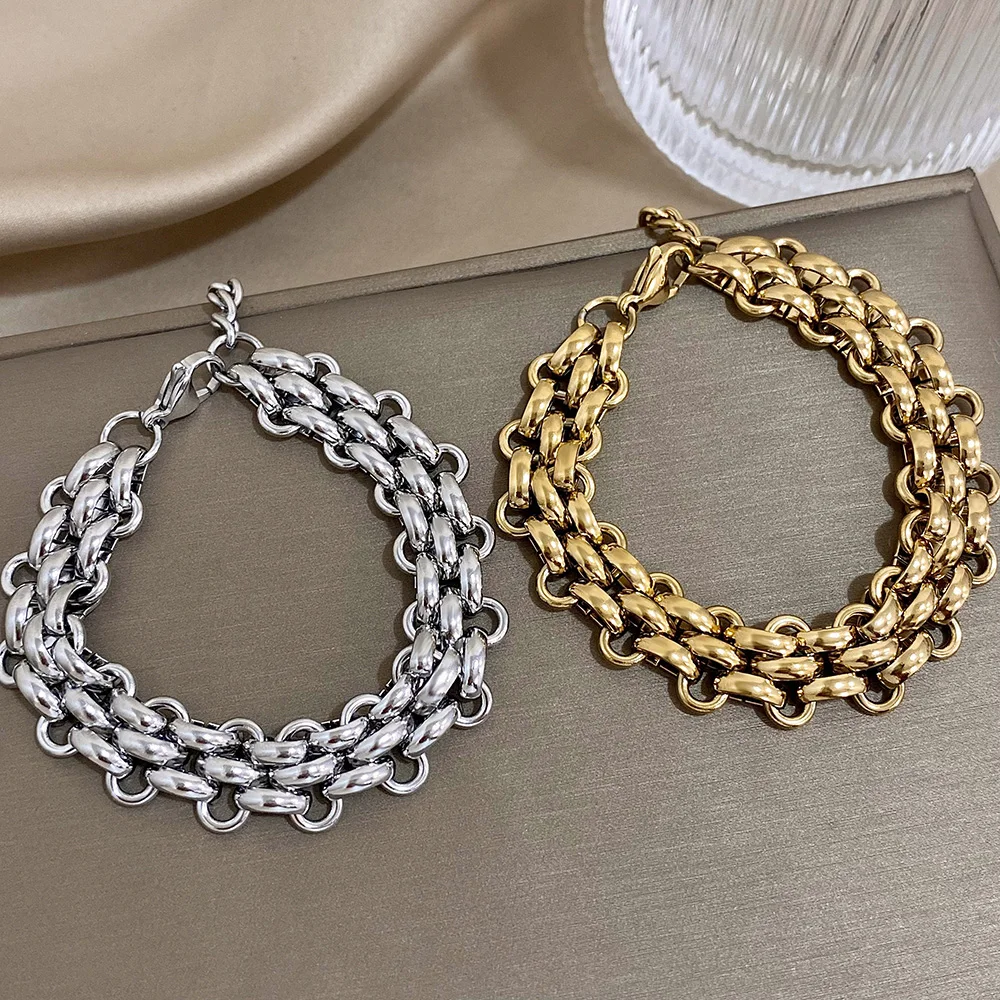 Trendy Stainless Steel Chunky Thick Chain Bracelet for Women Punk Statement Glossy Multilayer Link Bracelets Wristband Jewelry