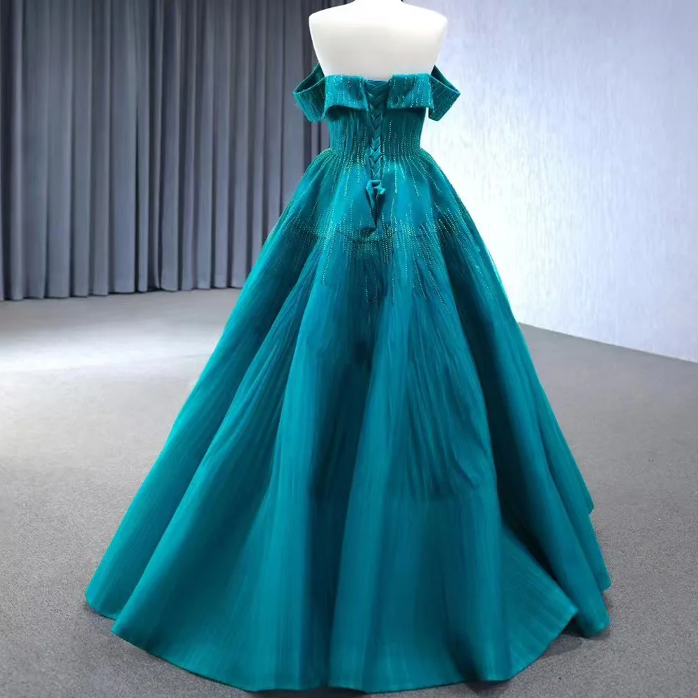 Robe de soirée bleue sans bretelles, épaules dénudées, dos à lacets et perles, personnalisable, pour femmes