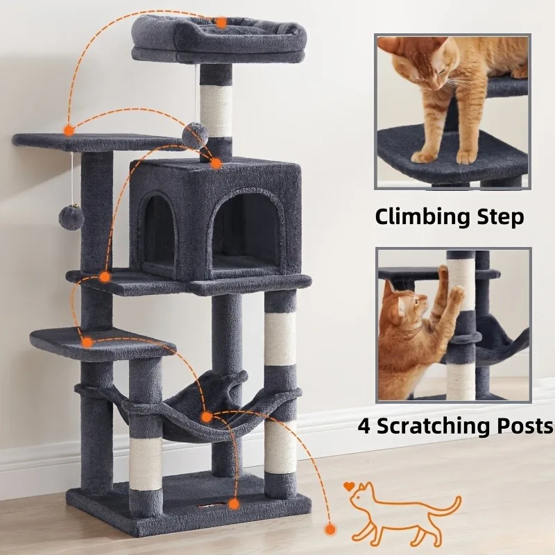 44.1 Inch Tree,Cat Tower-Multi-Level Cat Condo with 4 Scratching Posts,2 Perches,Hammock,Cave,Anti-tilt Stable Kitty Play House