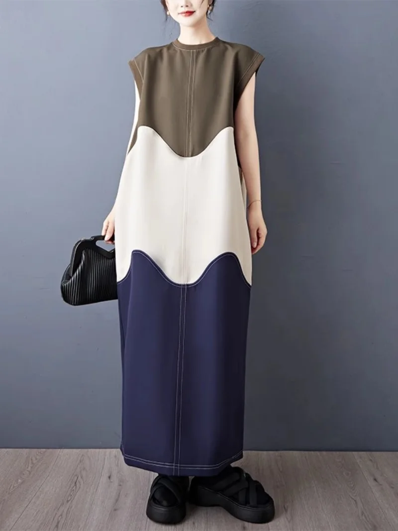 Cocoon diseño de temperamento de moda francés Retro empalme Irregular colores contrastantes vestido Casual sin mangas para mujer w282
