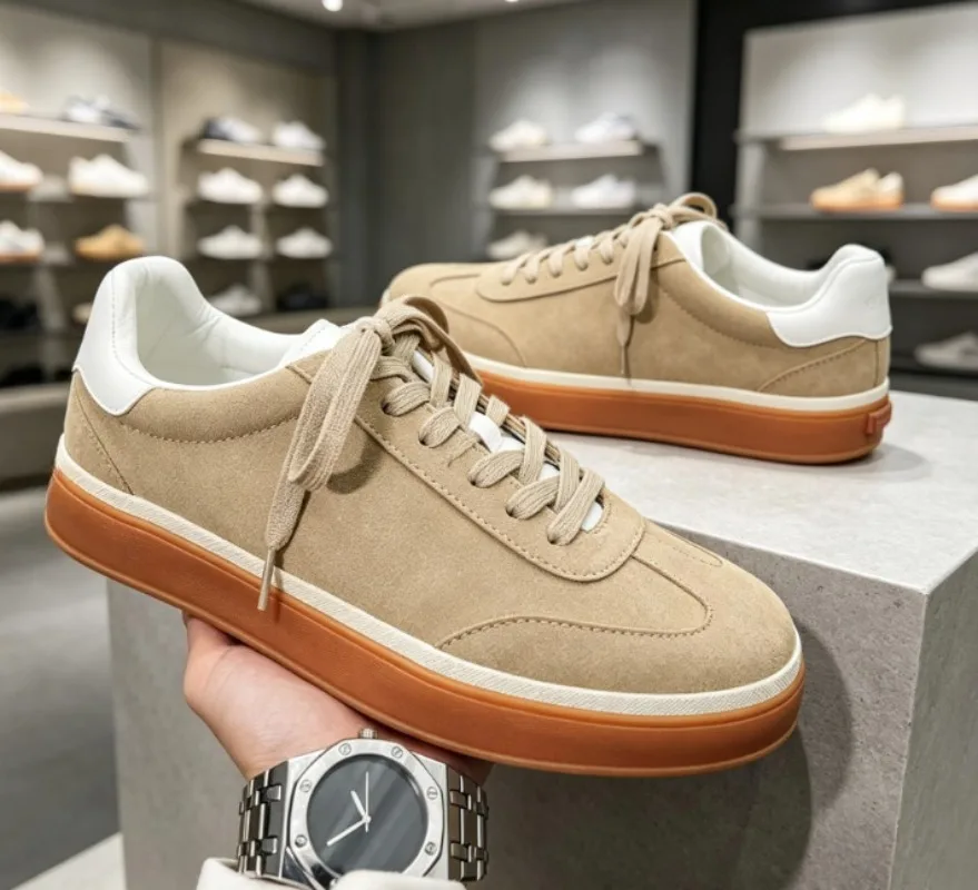 White breathable casual flat sneakers for men, versatile slimming daily commuting comfort soft sole trendy shoes.