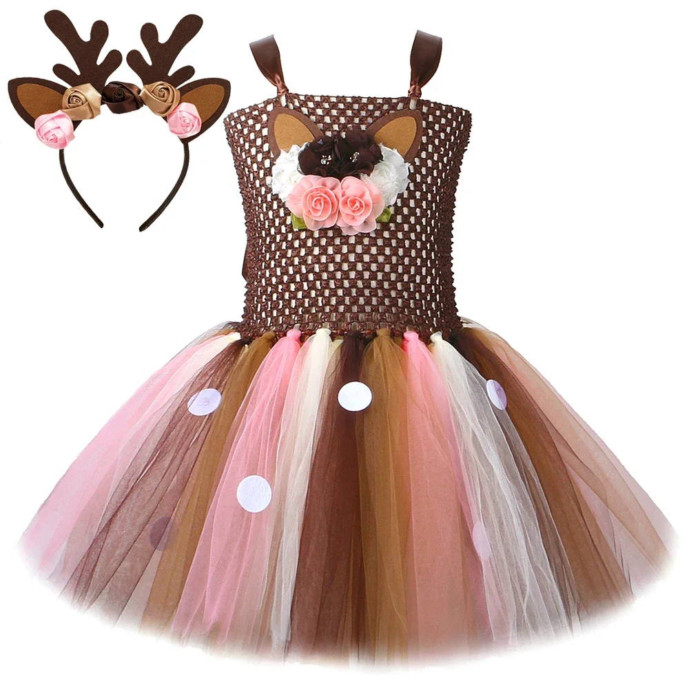 Flowers Deer Costume for Girls Christmas Tutu Dress Antlers Elk Reindeer Costume Baby Kids Halloween Xmas Party Dress Up Clothes