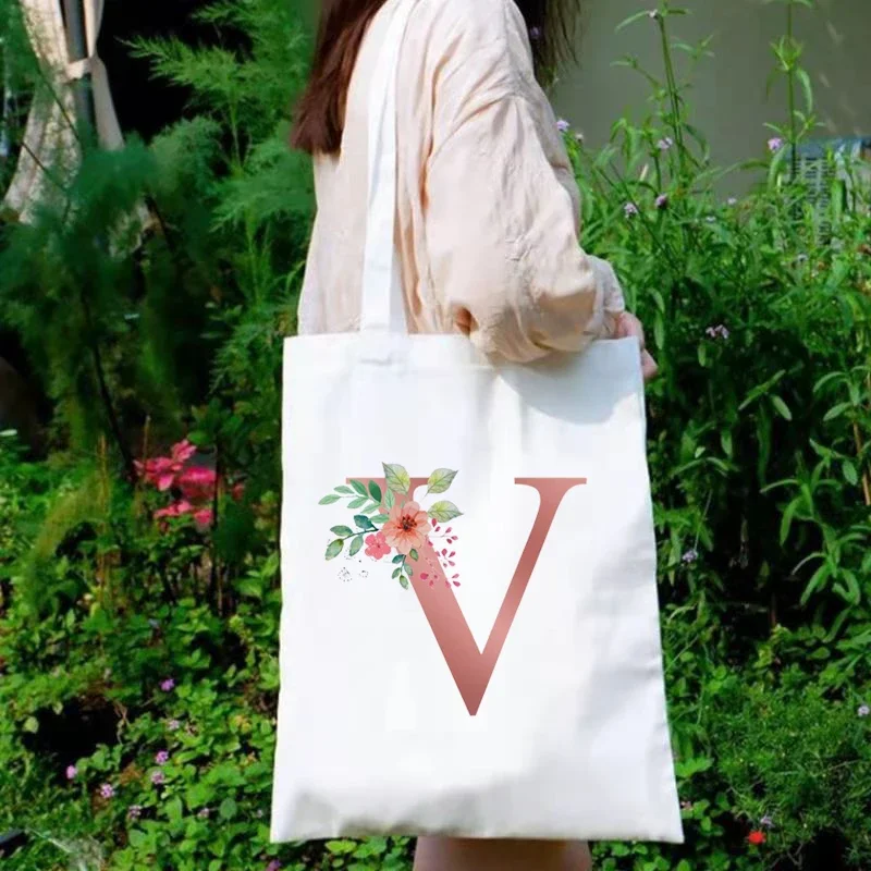 Custom Tote Bag Shopping English Alphabet Flowers Tote Bags Text Print Original Unisex Fashion Travel Canvas Bags