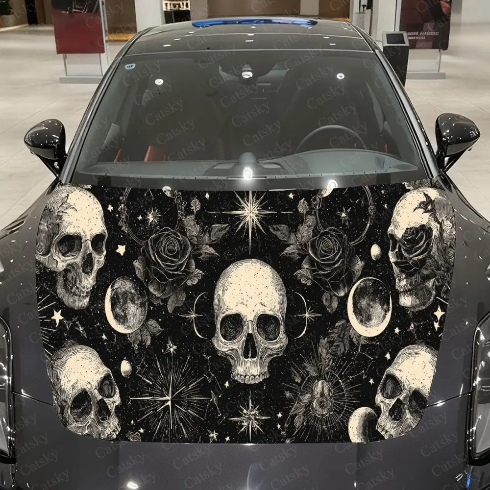 Astrological Skull Dark Mystery Pattern PVC Car Hood Wraps, Self-Adhesive Waterproof Car Bonnet Decal Sticker, Car Decoration Pr