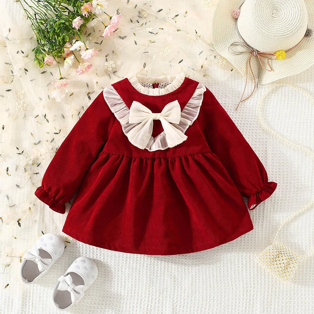 Fall New Baby Girls Dress Bow Mesh Pleated Bow Trumpet Sleeve Lace Pleated Sweet Princess Dress Birthday Party Team Dress