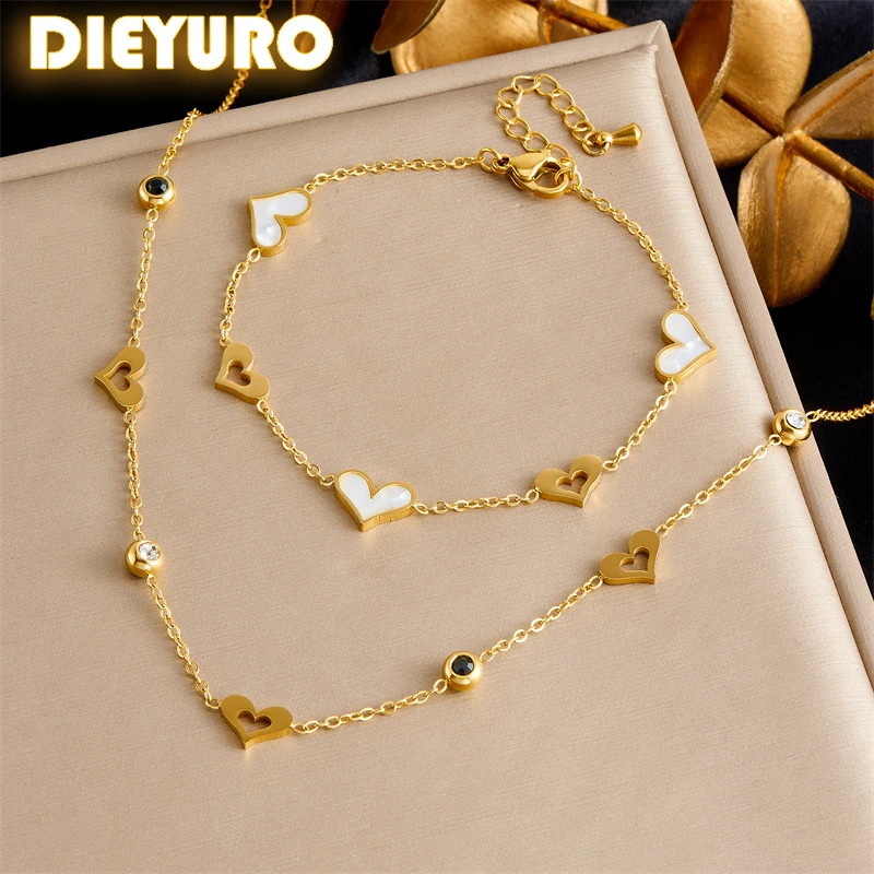 DIEYURO 316L Stainless Steel White Shell Heart-shaped Bracelet Necklace Women Delicate Fashion Simplicity Pendant Jewelry Suit