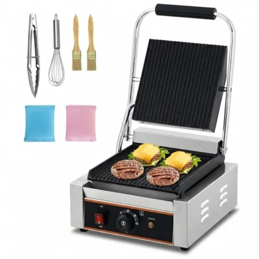 Grelhador Elétrico Comercial para Paninis com Chapa Esmaltada Totalmente Ranhurada de 9x9 polegadas, Máquina de Fazer Sanduíches para Café da Manhã com Alça e 6 Níveis de Temperatura