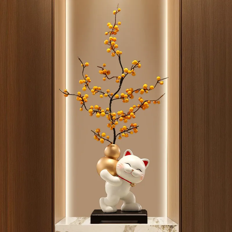 New Chinese Wealth Cat Gourd Vase Ornament, Slim Entryway Decor for Living Room Flower Arrangement, Elegant Home Decoration Gift