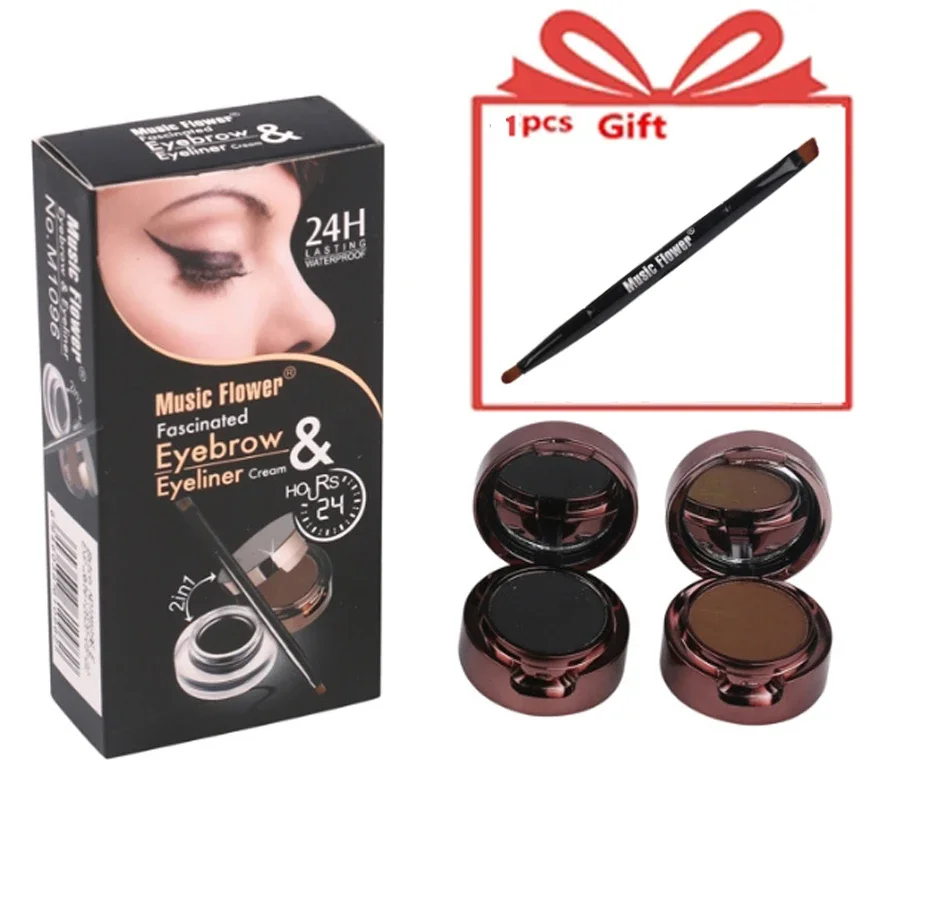 Music Flower Make up 4in1 Brown + Black Eye liner Brow Gel With Brush Makeup Eyeliner Eyebrow Kit Set Powder Waterproof Cosmetic