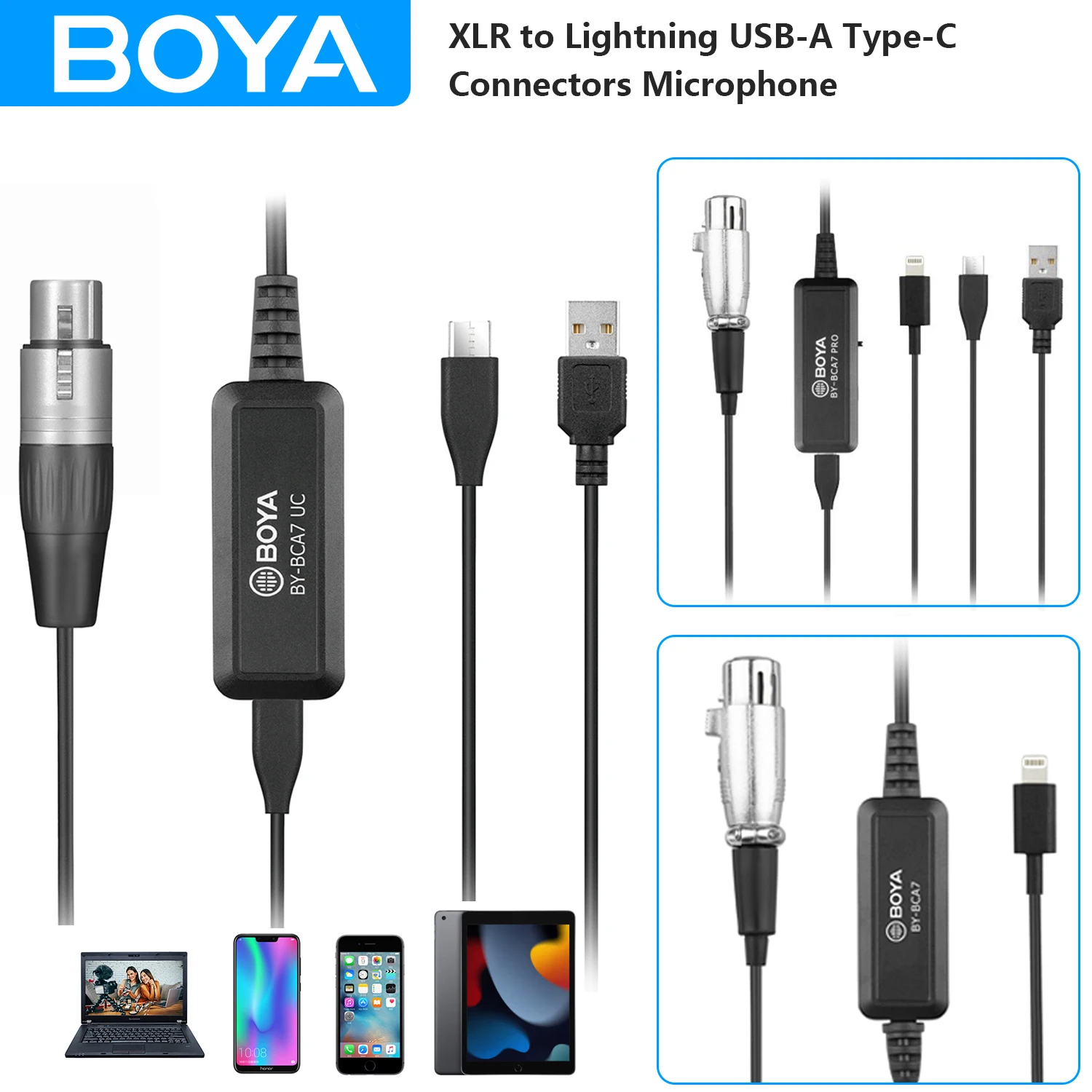 

BOYA BY-BCA7 XLR to Lightning USB-A Type-C Connectors Microphone cable for iPhone iPad PC Windows Vlog Live Stream Interview