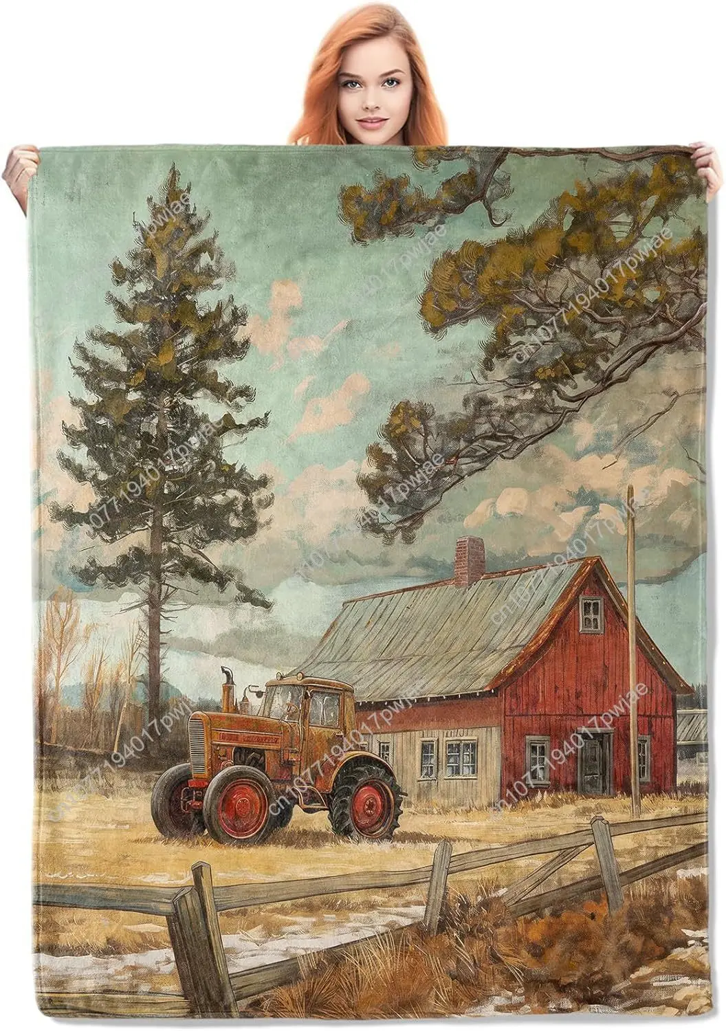 

Vintage Farmhouse Flannel Blanket Rustic Country Scenery with Tractor Barn Soft Lightweight Throw Blankets Gifts Custom blankets