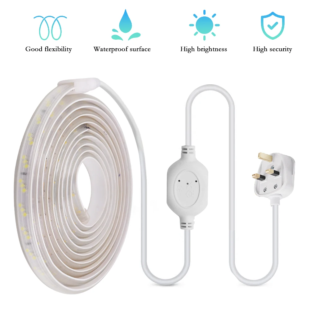 2835 LED Strip Light 220V UK Plug 1M Cut IP65 Waterproof Flexible LED Ribbon for Outdoor Garden Home Kitchen Bedroom Lighting