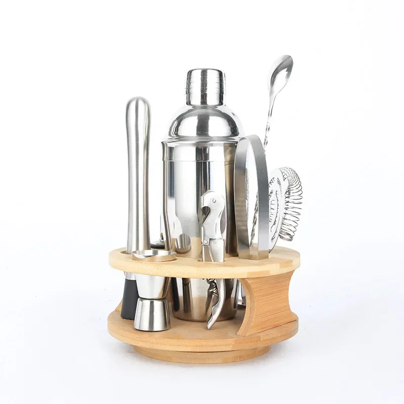 Stainless Steel Mixing Glasses, Round Revolving Wooden Frame, Shaker Cocktail Mixer, British, ten-piece Set