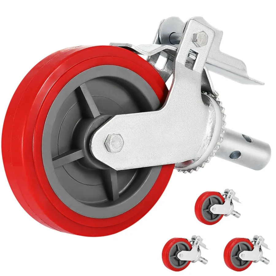 Scaffolding Wheels Set of 4 8 Scaffolding Casters Heavy Duty 3200 Lbs Per Set Locking Stem Casters with Brake Red Polyurethane