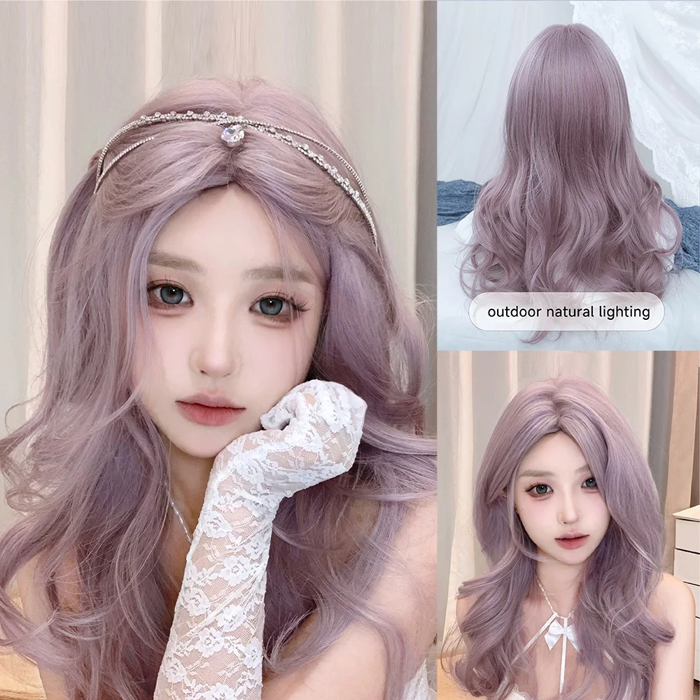 24Inch Grey Purple Color Synthetic Wigs Middle Part Medium Natural Wavy Hair For Women Daily Use Cosplay Party Heat Resistant