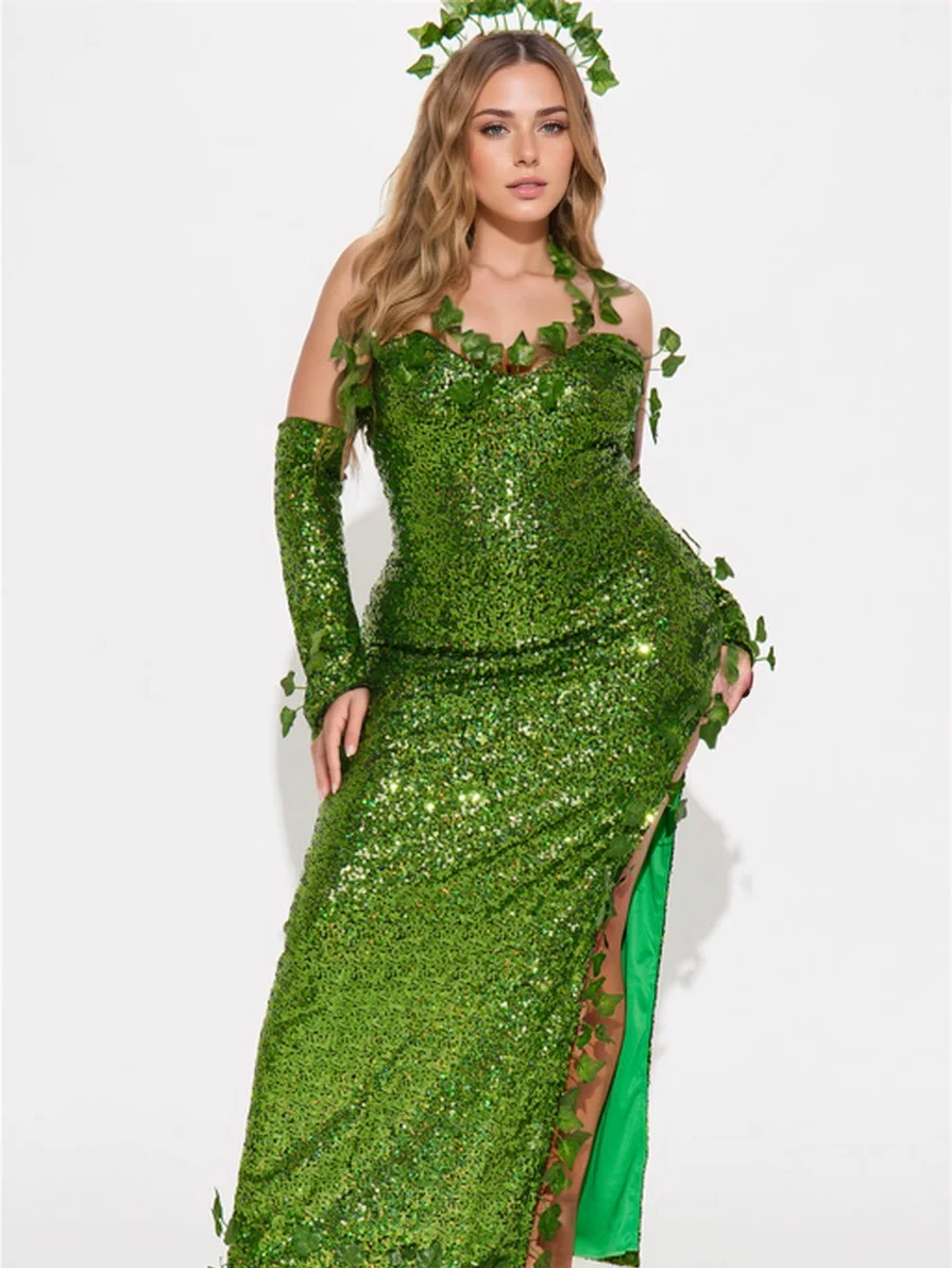 Women's Sexy Halloween Costume Deluxe Green Sequin Ivy Maxi Dress 3 Piece Poisonous Villain Cosplay Costume Set