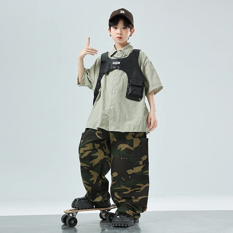 Cool Hip Hop Costume di danza per bambini Pantaloni mimetici Camicia oversize Street Dance Performance Wear Ragazzi Ragazze Jazz Outfit VDL3470