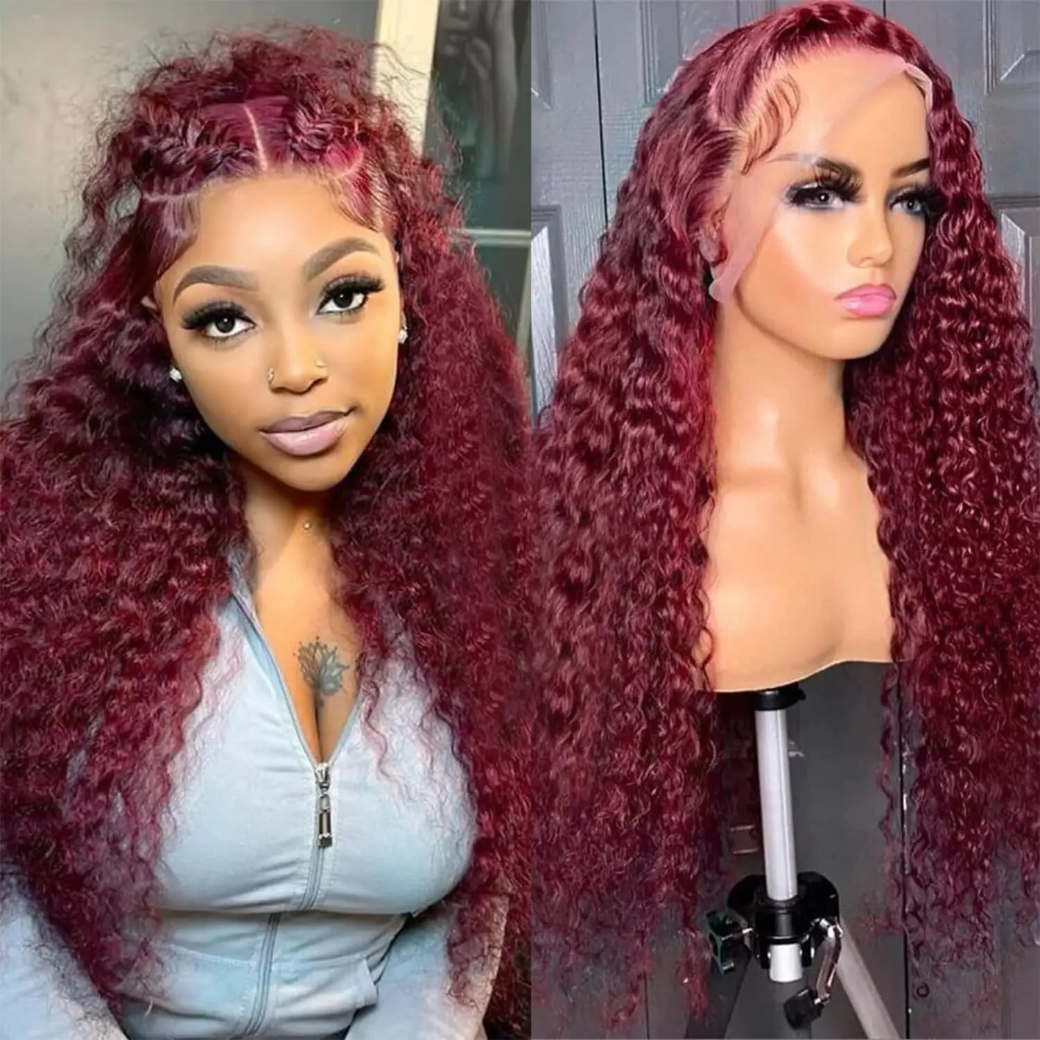 Burgundy Deep Wave 200% High Density 40 Inches Long-length 13x6 13x4 HD Transparent Lace Frontal Wig 99J Wine Red Human Hair Wigs Brazilian Hair Pre Plucked For Women