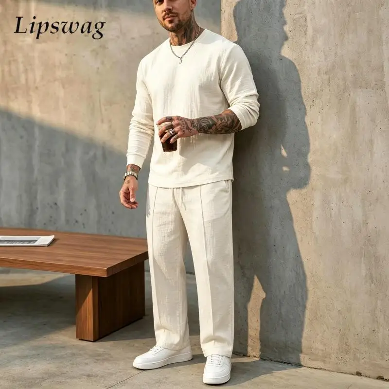 Stylish Mens Solid Color Outfits Spring Autumn Fashion Loose Linen Two Piece Sets Men New Casual Long Sleeve Tee And Pants Suits