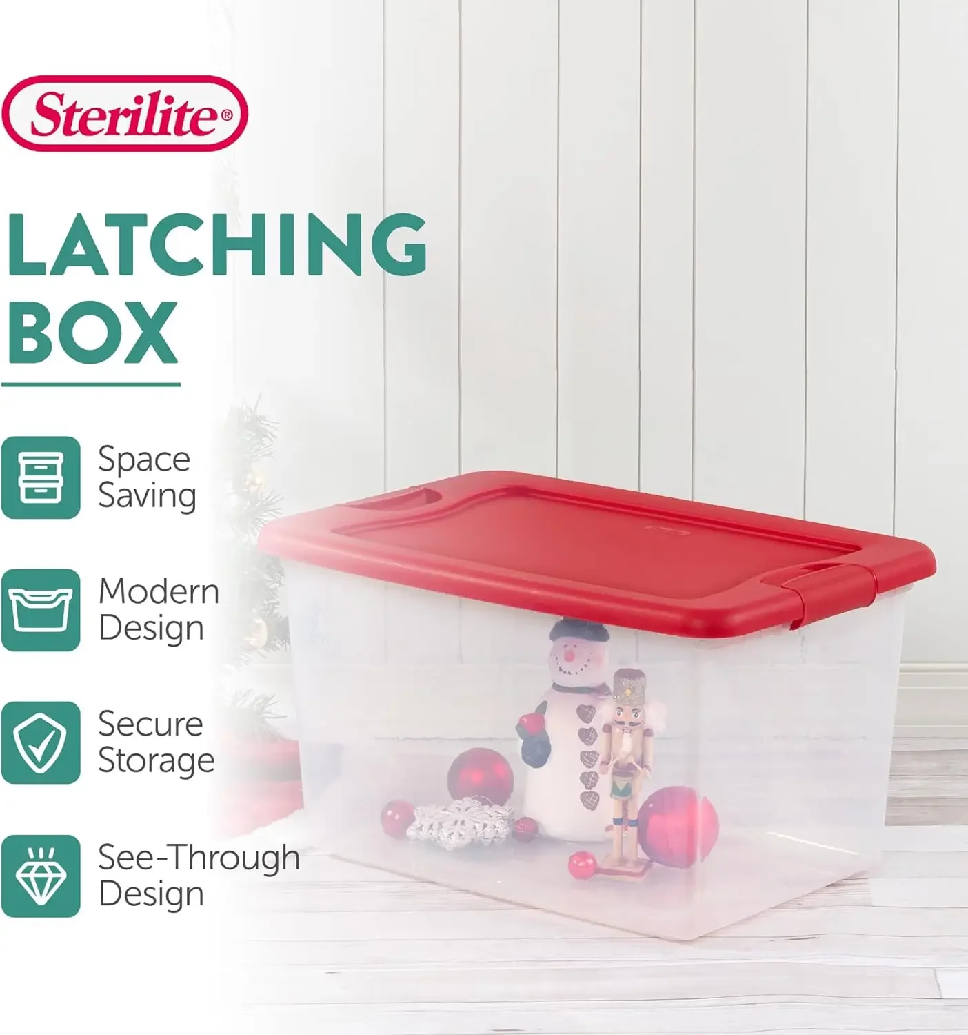 Sterilite 64 Qt Latching Storage Box Stackable Bin with Latch Lid Organize Holiday Decor in Closet Clear Base Red Lid 6-Pack