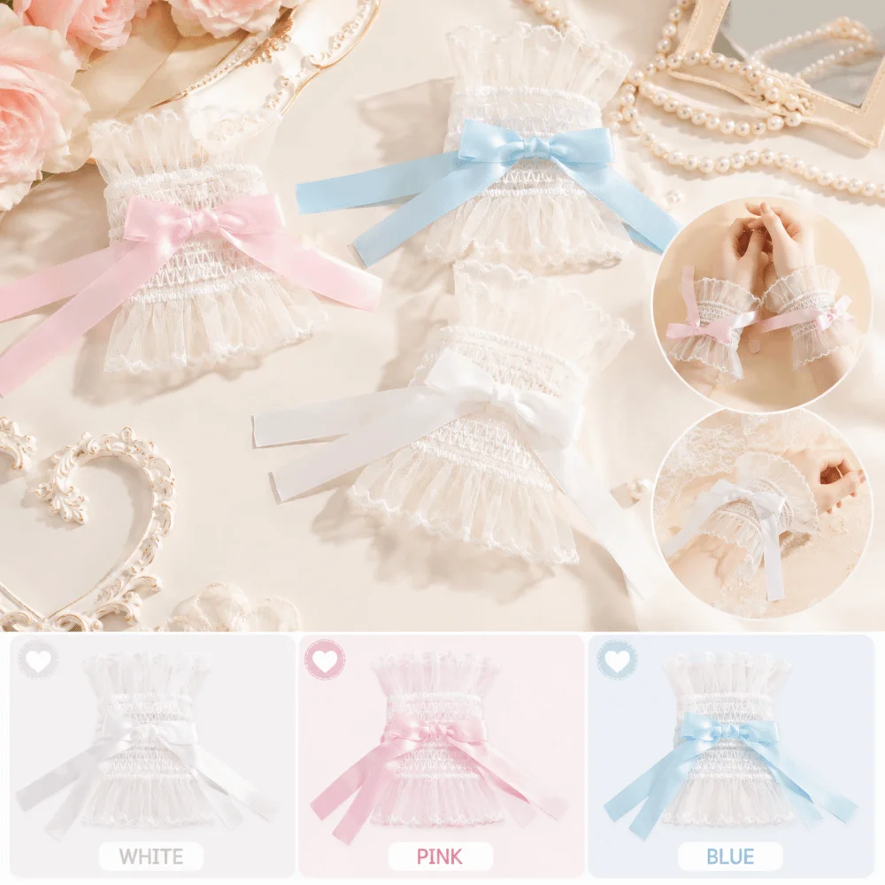 

Sweet Pleated Ruched Detachable Cuffs Y2K Hand Wrist Cuffs Bow Lace Wrist Sleeves Lace Fingerless Gloves Lolita Matching