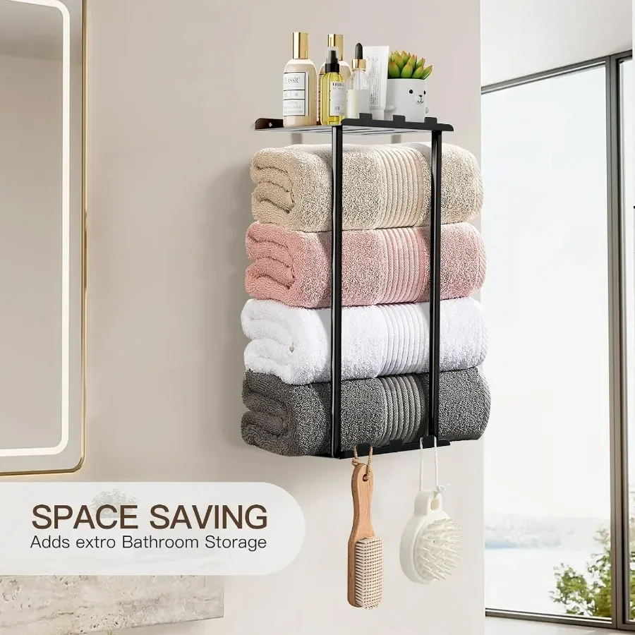 Towel Racks for Bathroom Towel Holder with Shelf and 6 HooksSpace Saving Vertical Hanging Towel Rack Sturdy Metal Wall Mounted