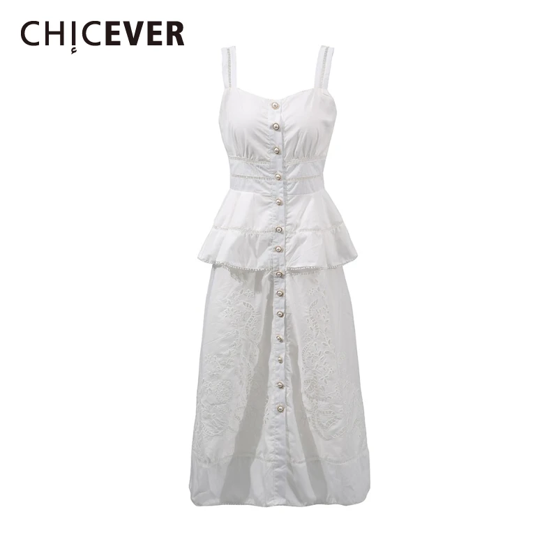 

CHICEVER Elegant Spliced Hollow Out Dresses for Women Square Collar Sleeveless High Waist Slimming Temperament Midi Dress Female