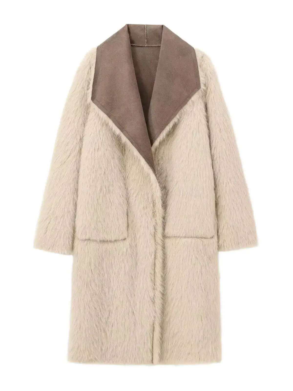 2025 Winter Women's Elegant Long Sleeve Double-sided Faux Fur Jackets Lady Vintage Thick Warm Suede Pocket Loose Coats Outerwear