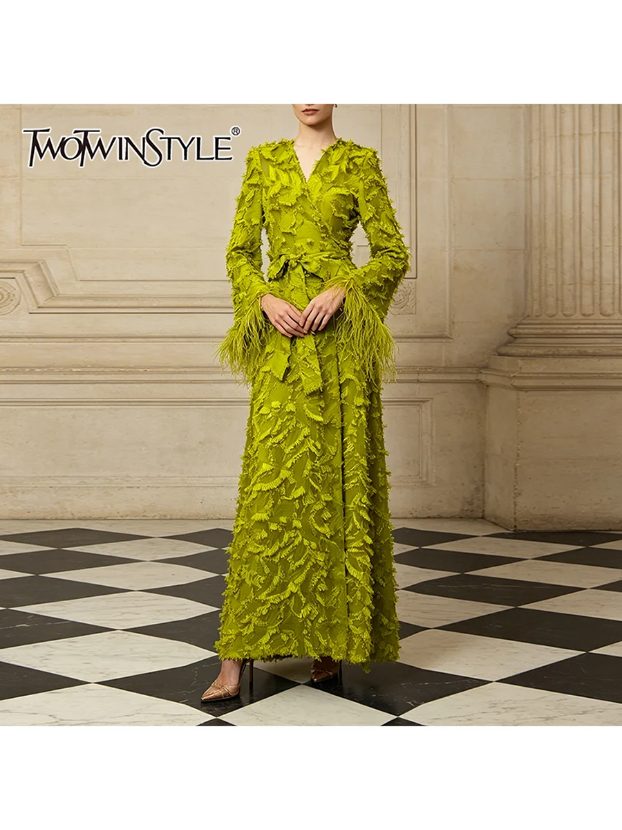 TWOTWINSTYLE Solid Slimming Spliced Lace Dress for Women V Neck Long Sleeves Patchwork Tassel Midi Dresses Female Elegant New