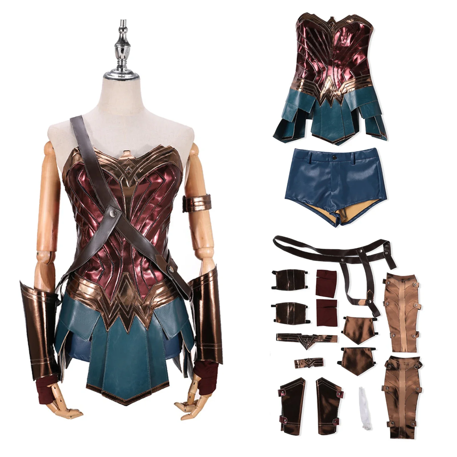 

Movie Wonder Cos Diana Cosplay Costume Adult Women Brown Top Shorts PU Leather Accessory Set Halloween Carnival Party Uniform