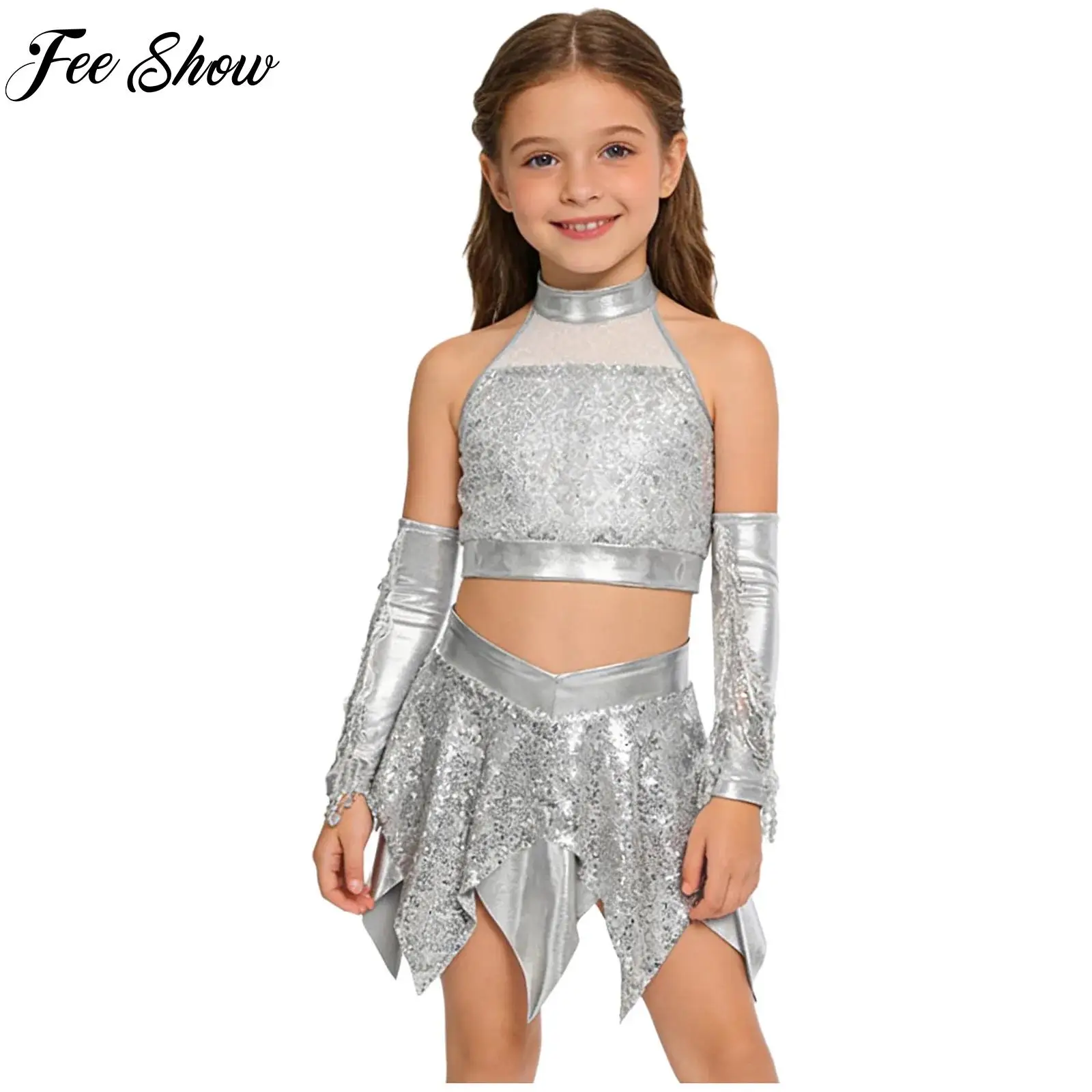 

Kids Girls Rhythmic Jazz Tango Latin Dance Performance Outfits Sleeveless Sequins Sparkly Crop Top with Skirt And Tassels Gloves