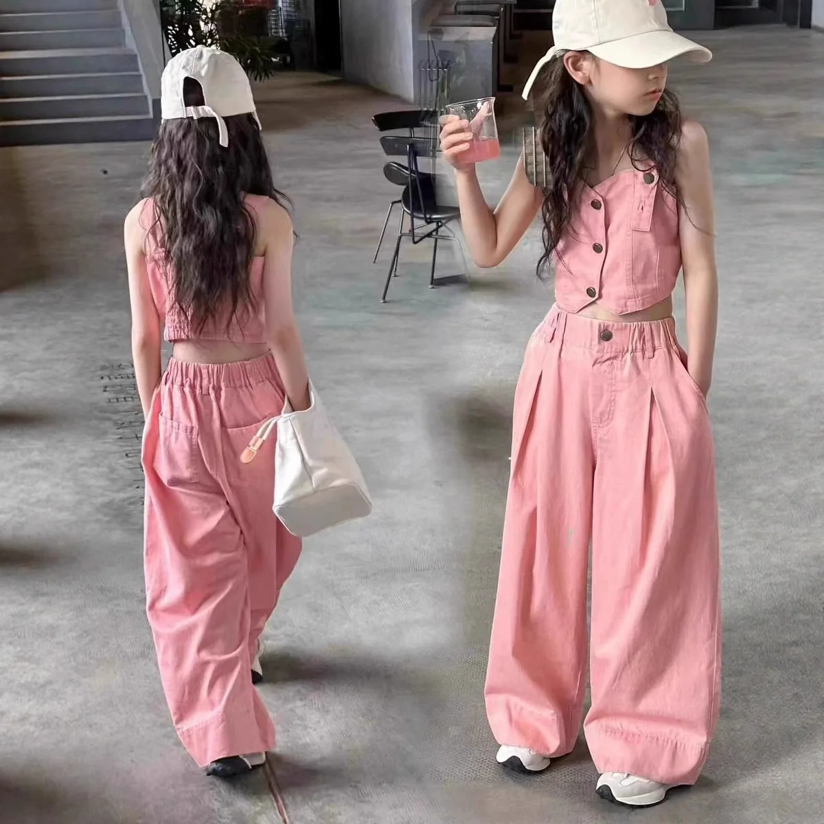 

Джинсовый костюм для девочек, 2026, детский летний наряд среднего и большого размера, жилет-бретелька, прямые брюки