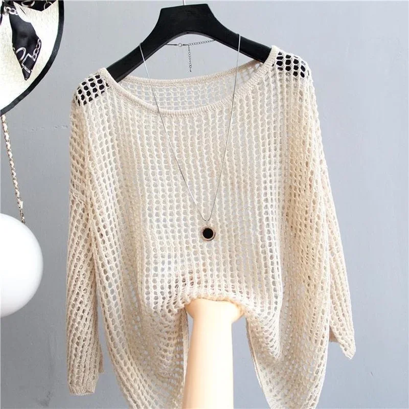 New Fashion Knitted Mesh Pullover Women Summer Autumn New Casual Ladies Elegant Hollowed Out Tops Female Cheap Wholesale