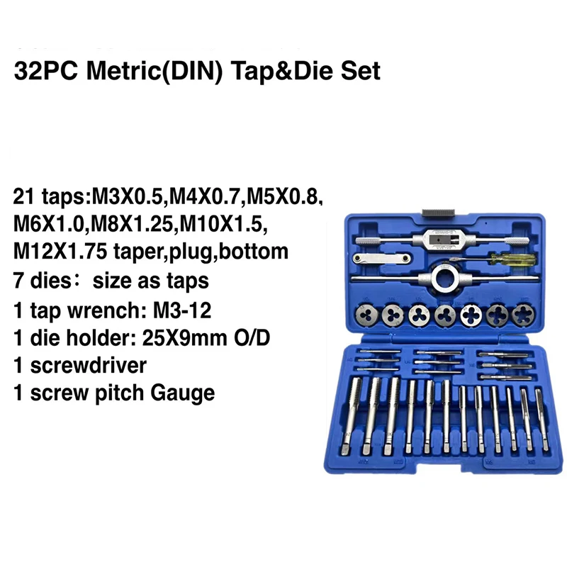 32PCS HSS Tap and Die Set Metric Wrench Cut M3-M12 Hand Threading Tool Tungsten Carbide Tap Die Screw Thread Making Tool