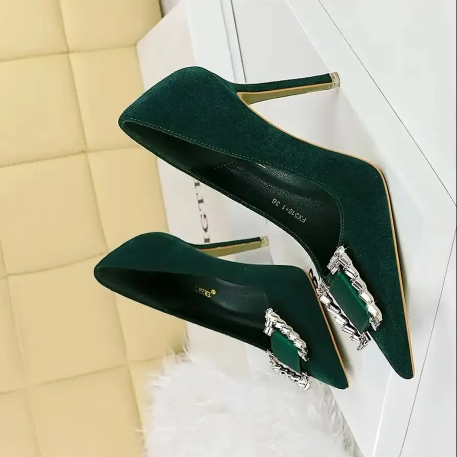 

BIGTREE Женская обувь на очень высоком каблуке 10 см, черные, зеленые туфли-лодочки с неглубоким носком, роскошные дизайнерские туфли Золушки с бриллиантами Zapatos Mujer