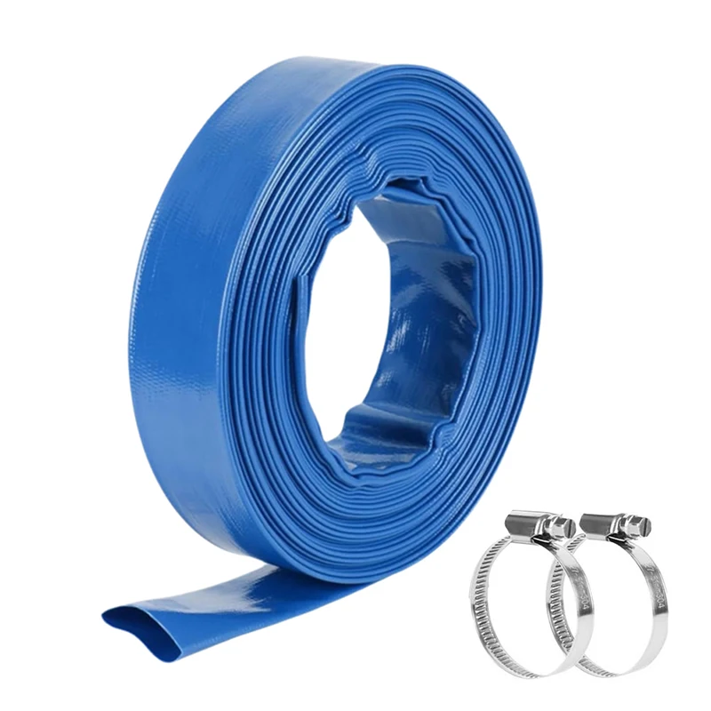1.5in X 20 FT Pool Backwash Hose, Flat Sump Pump Hose, Reinforced Discharge Hose with Clamp, Drain Clean Swimming Pools-SPMI