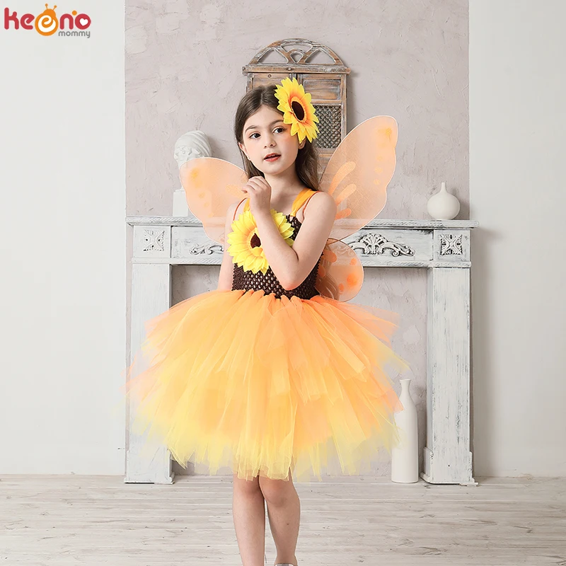 Sunflower Fall Fairy Girls Tutu Dress with Wing Layered Woodland Kids Pixie Dress Tulle Princess Children Birthday Party Costume