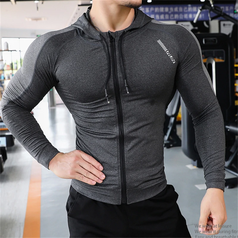 Men Compression Elastic Hoodies Gym Sport Running Training Fitness Sportswear Bodybuilding Sweatshirt Hooded Jacket Male Jackets