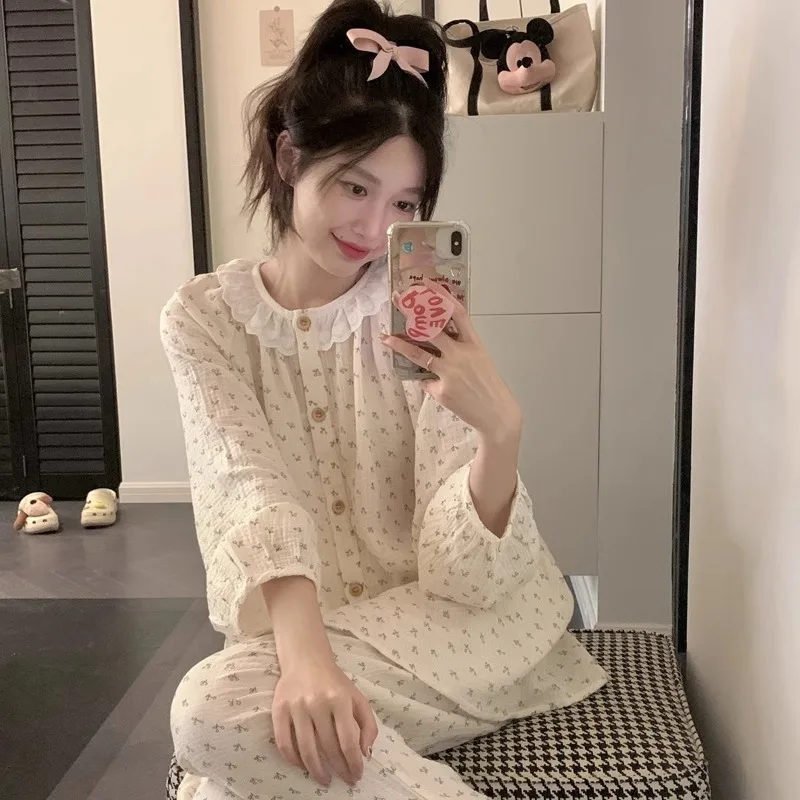 Women Plus Size Pajamas Autumn and Winter Long-Sleeved Trousers Student Homewear Two-Piece Round Neck Floral Wearable Pajamas