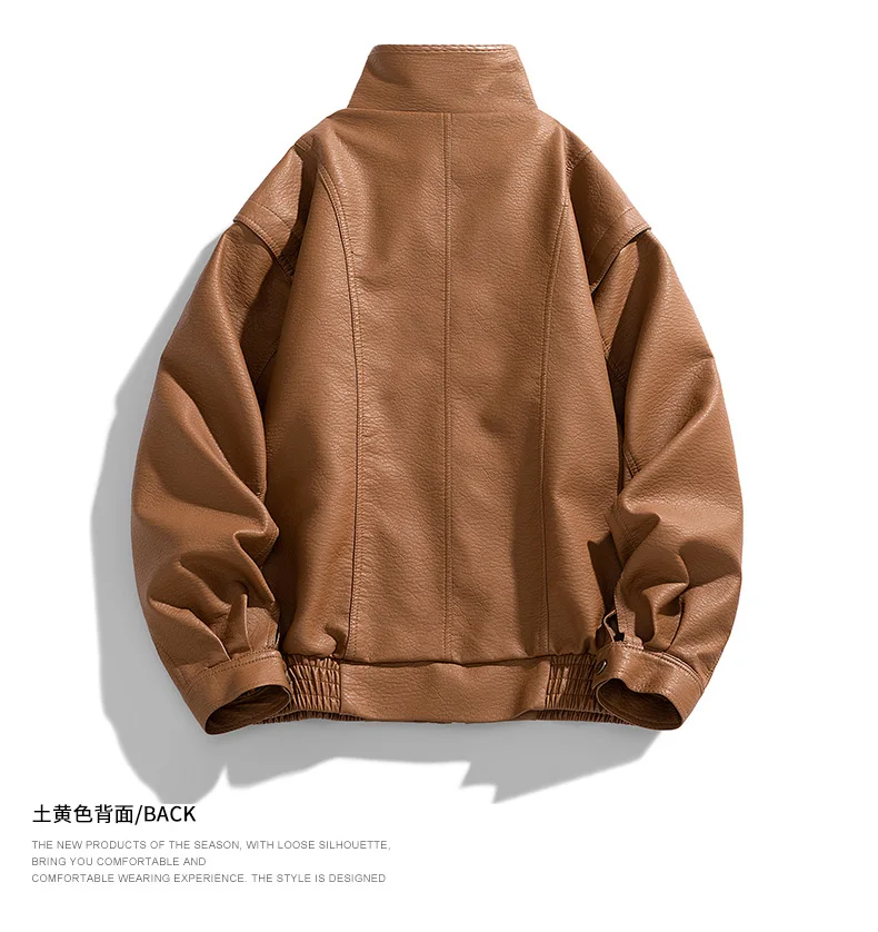 Vestes en cuir à col carré pour hommes, bouton en métal, fermeture éclair, poche profonde, coupe-vent, combinaison de vélo